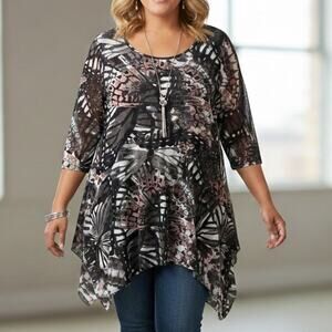 Avenue NEW Butterfly Tunic Womens Size 20 Black Pink Asymmetrical Flowy Top NWT